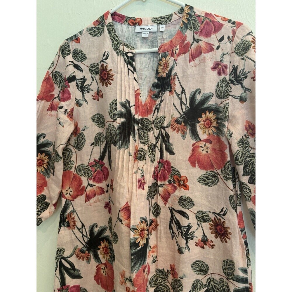 Chicos Pintuck 100% Linen Shift Dress Sz XS Pink Floral Feminine Autumn Wedding - Picture 3 of 9